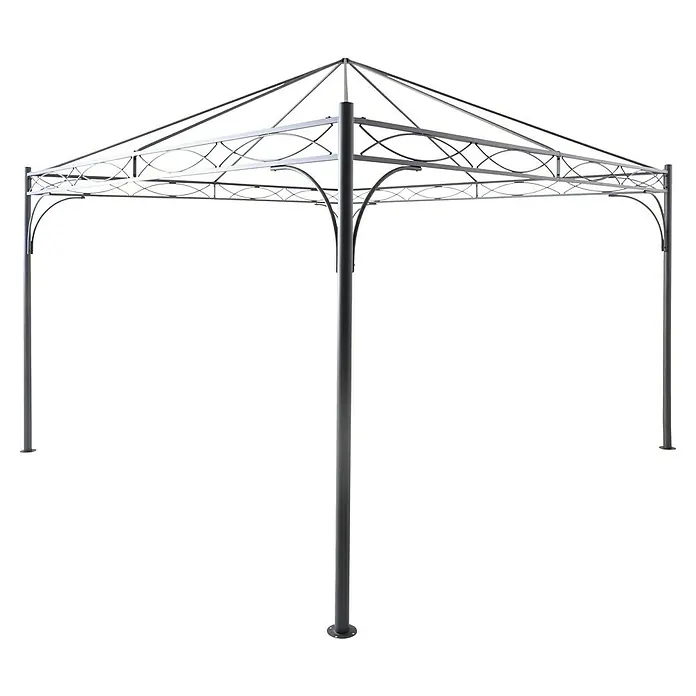 Sunfun Menorca Standard-Pavillon - B x T: 300 x 300 cm, Farbe Gestell: Anthrazit, Stahl - Das Bild zeigt einen silbergrauen Pavillon mit kunstvollen Verzierungen auf schwarzem Hintergrund. Das Metall-Gestell wirkt leicht und elegant.