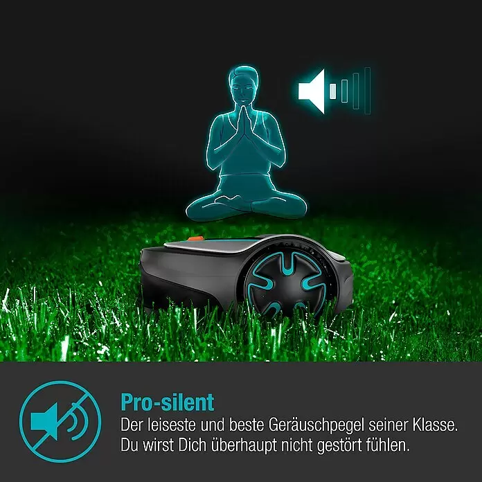 Gardena Mähroboter Sileno minimo 500 - 500 m², Schnittbreite: 16 cm, Induktionsgestützte Navigation, Begrenzungskabel - Dunkler Mähroboter auf Rasen. Eine leuchtende Meditationsfigur und ein Stumm-Symbol betonen den leisen Betrieb.