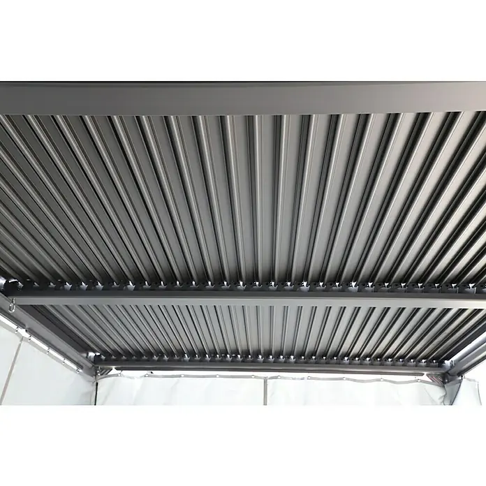 Sunfun Cannes Pavillon-Seitenwände - Weiß, Komplett-Set für Sunfun Pavillon Cannes 3 x 3 m - Detailaufnahme des Lamellendachs einer Pergola, das Schatten spendet und vor leichtem Regen schützt. Ideal für Terrassen und Gärten.