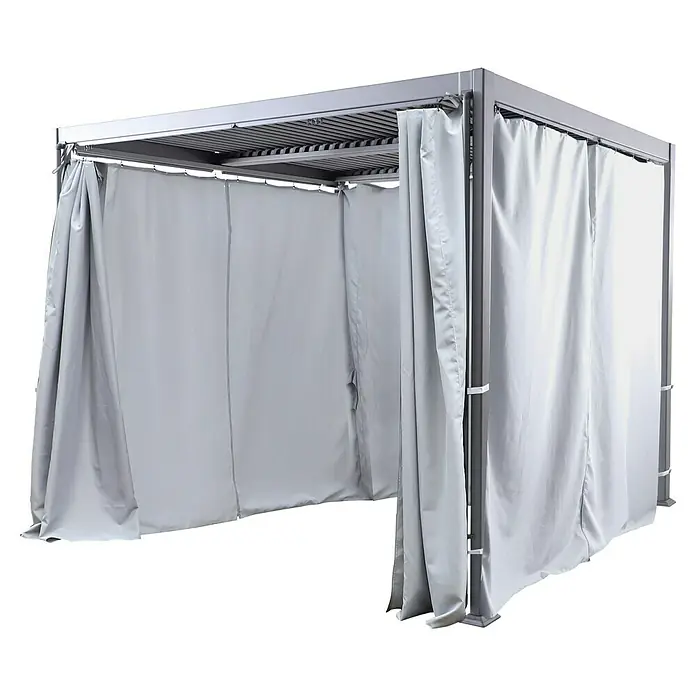 Sunfun Cannes Pavillon-Seitenwände - Weiß, Komplett-Set für Sunfun Pavillon Cannes 3 x 3 m - Hier ist ein Pavillon mit grauem Vorhang, der für Privatsphäre und Schatten im Außenbereich sorgt. Robuster, moderner Look mit klaren Linien.