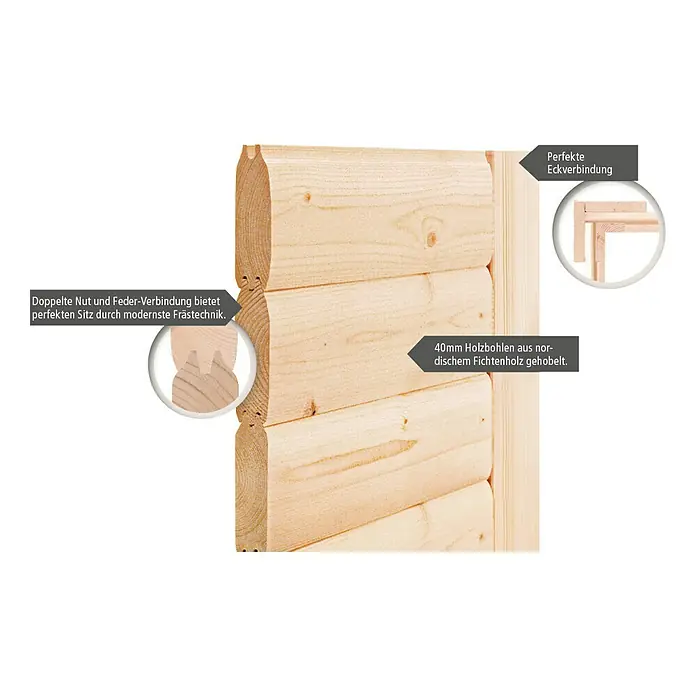 Karibu Elementsauna Mojave - Mit 9 kW Bio-Ofen mit externer Steuerung, Ohne Dachkranz, Materialspezifizierung Tür: Ganzglas Bronze, L x B x H: 196 x 196 x 192 cm - Detailansicht einer Holzwand mit Doppelnut- und Federverbindung, 40mm Holzbohlen aus nordischem Fichtenholz und perfekter Eckverbindung.