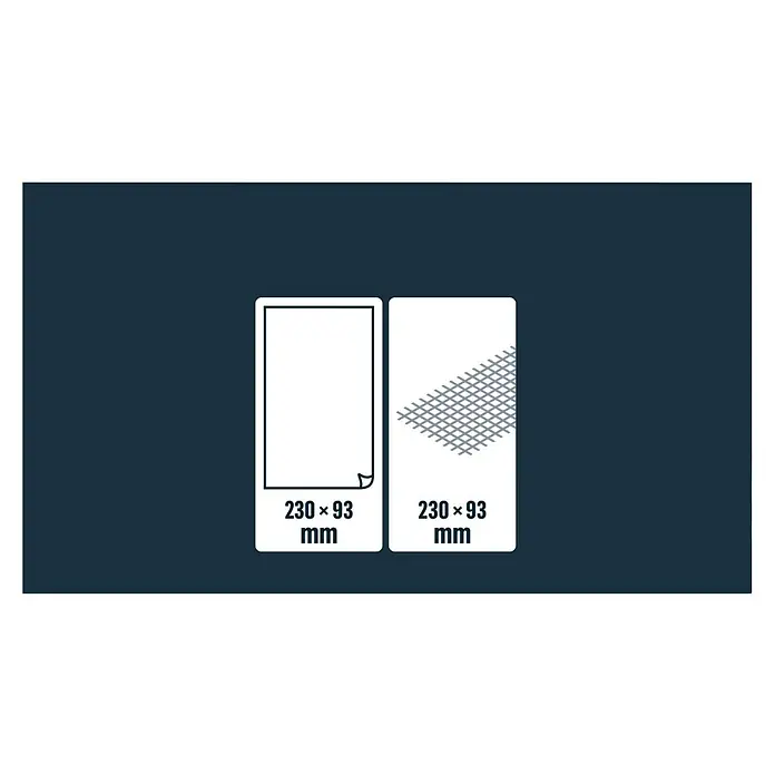 Craftomat Handschleifer - 185 x 93 mm, Kunststoff - Illustration zweier rechteckiger, weißer Produkte, die 230 x 93 mm groß sind, eines mit einem umgeschlagenen Eck und eines mit Gitternetzmuster.