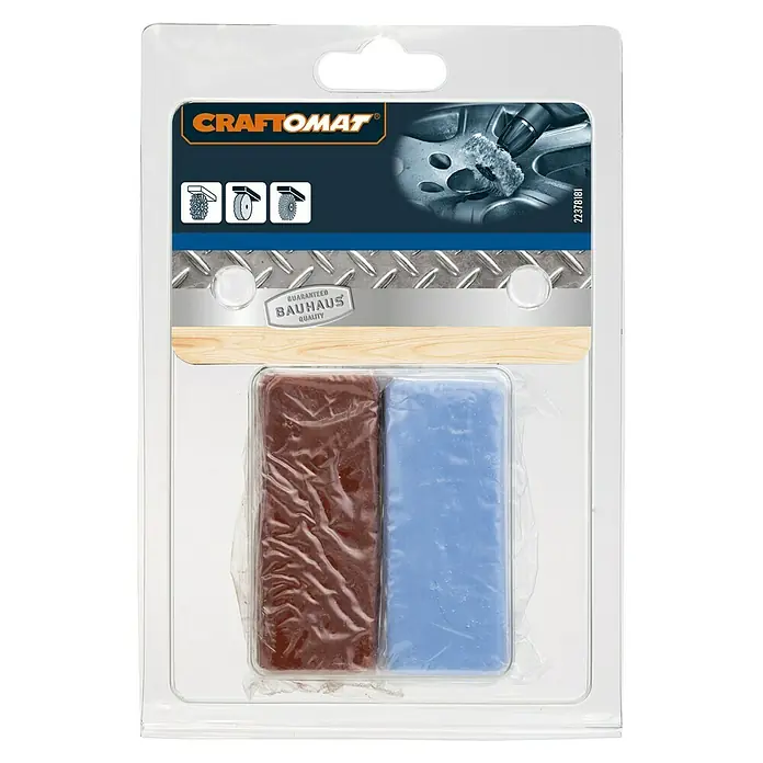 Craftomat Polierpaste - 2 -tlg. - Eine Packung Craftomat Polierpaste mit je einem Stück brauner und blauer Polierpaste, verpackt in einer transparenten Kunststoffhülle.