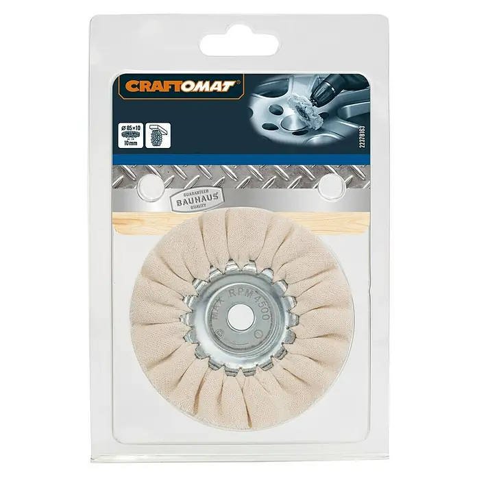 Craftomat Schwabbelscheibe - Durchmesser: 85 mm, Breite: 10 mm - Nahaufnahme einer Craftomat Polierscheibe, ideal für die Metallbearbeitung und Oberflächenveredelung, verpackt in einer transparenten Schutzhülle.