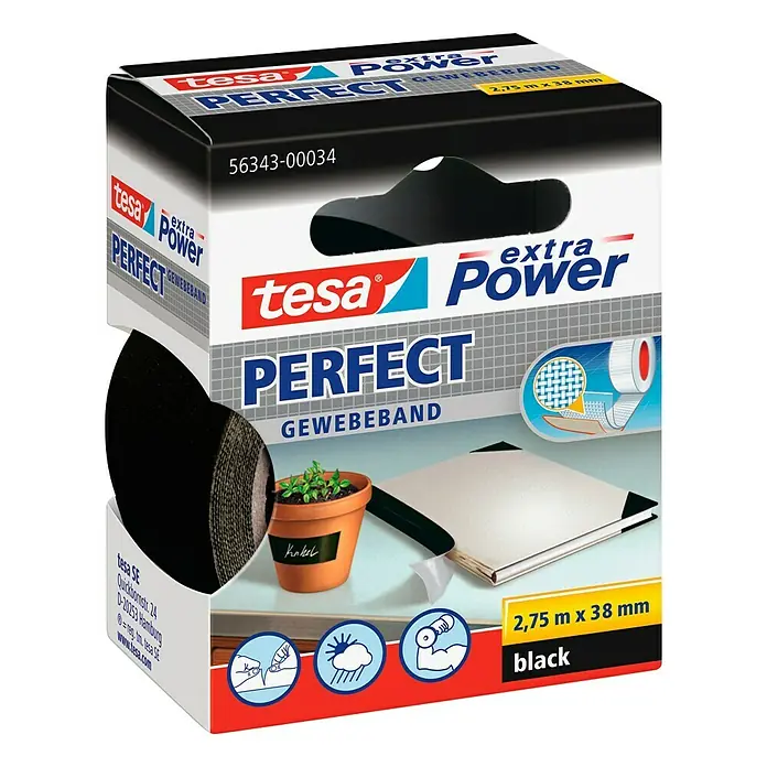 Tesa Extra Power Gewebeband PERFECT - Schwarz, 2,75 m x 38 mm - Tesa Perfect Power Gewebeband in Schwarz, 2,75m x 38mm, vielseitig einsetzbar und extra stark.
