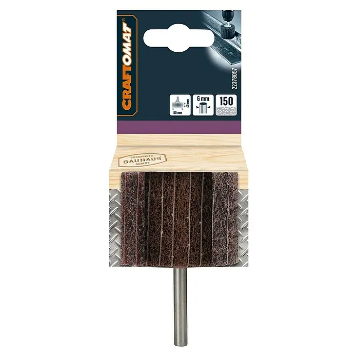Craftomat Lamellenschleifer - Durchmesser: 50 mm, Körnung: 150 - Abbildung einer Schleifmopbürste von Craftomat mit Schleifpapier, montiert auf einer Metallstange zum Schleifen und Polieren von Oberflächen.