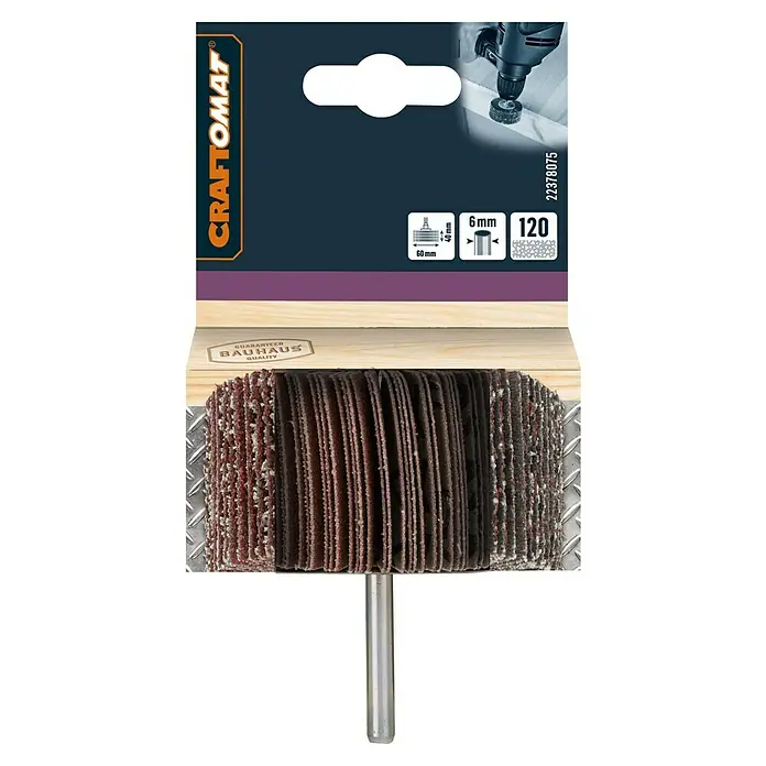 Craftomat Lamellenschleifer - Körnung: 120, Durchmesser: 60 mm - Schleifmop mit Schaft, ideal zum Schleifen von Oberflächen. Der Schleifmop sorgt für ein feines und gleichmäßiges Schleifergebnis.