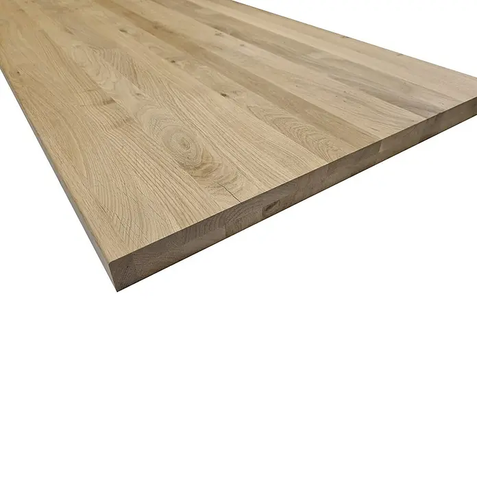 Leimholzplatte Treppenstufe Eiche Rustic - Eiche, Qualitätsstufe Leimholzplatte: B/C, 1.200 x 650 x 40 mm - Die helle Holzplatte mit ihrer glatten Oberfläche und der sichtbaren Maserung ist ideal für Möbelbau und Innenausbau geeignet.