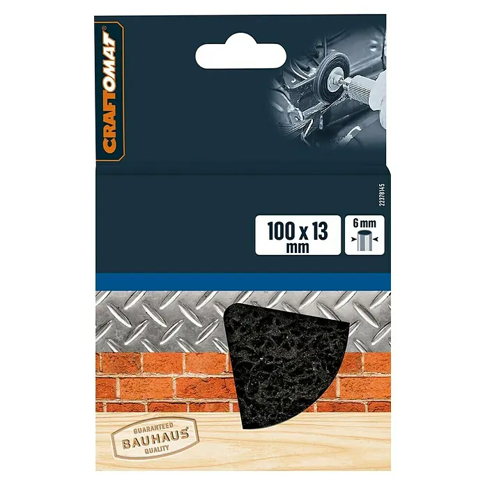 Craftomat Reinigungsscheibe - Siliciumkarbid-Vlies, Passend für: Bohrfutter - Produktverpackung für CRAFTOMAT Schleifscheibe 100 x 13 mm mit 6 mm Bohrung, garantiert durch BAUHAUS Qualität. Vielseitig einsetzbar für verschiedene Materialien.
