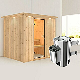 Karibu Elementsauna Daria (Mit 3,6 kW Ofen mit integrierter Steuerung, Mit Dachkranz und Beleuchtung, L x B x H: 210 x 184 x 192 cm)