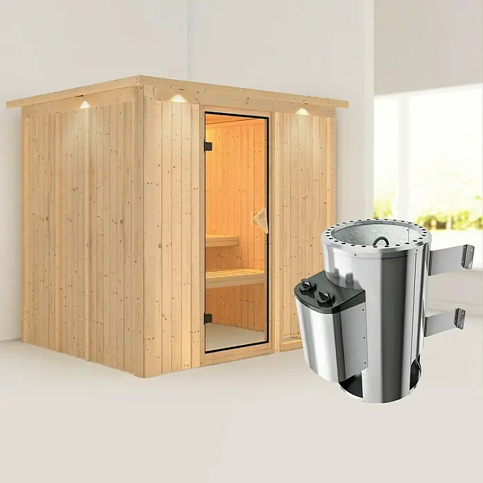 Karibu Elementsauna Daria - Mit 3,6 kW Ofen mit integrierter Steuerung, Mit Dachkranz und Beleuchtung, L x B x H: 210 x 184 x 192 cm - Eine Sauna mit Holzverkleidung und ein Saunaofen aus Edelstahl stehen in einem hellen Raum.