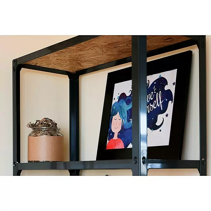 Simonrack Simonhome Metallregal Click Wood Mini - H x B x T: 90 x 80 x 30 cm, Traglast pro Boden: 150 kg, Anzahl Böden: 3 Stk., Stecken, Anthrazit/Braun - Schwarzes Metallregal mit OSB-Holzböden, das ein Glas und gerahmte Bilder enthält.