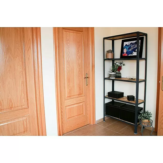 Simonrack Simonhome Metallregal Click Wood Mini - H x B x T: 160 x 80 x 30 cm, Traglast pro Boden: 150 kg, Anzahl Böden: 4 Stk., Stecken, Anthrazit/Braun - Industrielles Regal mit dunklem Metallrahmen und hellen Holzregalböden, zur Präsentation von Dekoartikeln und Aufbewahrungsboxen.