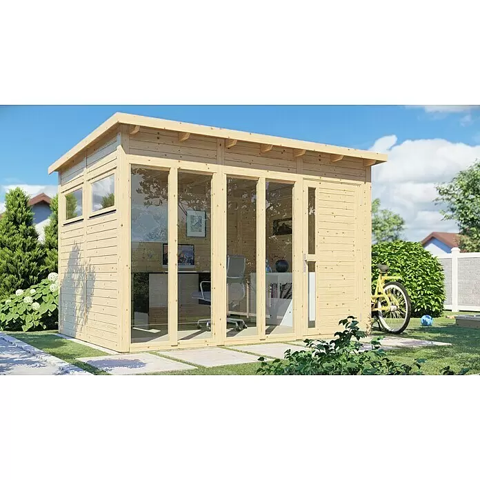 Bertilo Gerätehaus Pentus 3 Office - Außenmaß inkl. Dachüberstand (B x T): 359 x 265 cm, Holz, Natur - Helles Gartenbüro aus Holz mit großen Glastüren, als moderner Arbeitsplatz im Freien.
