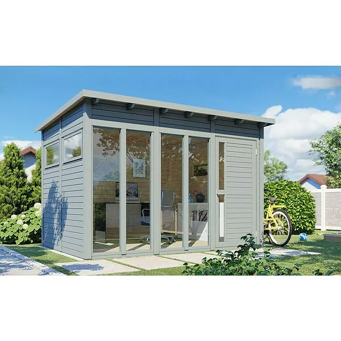 Bertilo Gartenhaus Pentus 3 Office - Außenmaß inkl. Dachüberstand (B x T): 359 x 265 cm, Holz, Hellgrau, Weiß - Graues Gartenhaus mit großen Glasfenstern und einer Tür. Ein gelbes Fahrrad steht an der Seite des Hauses im Garten.