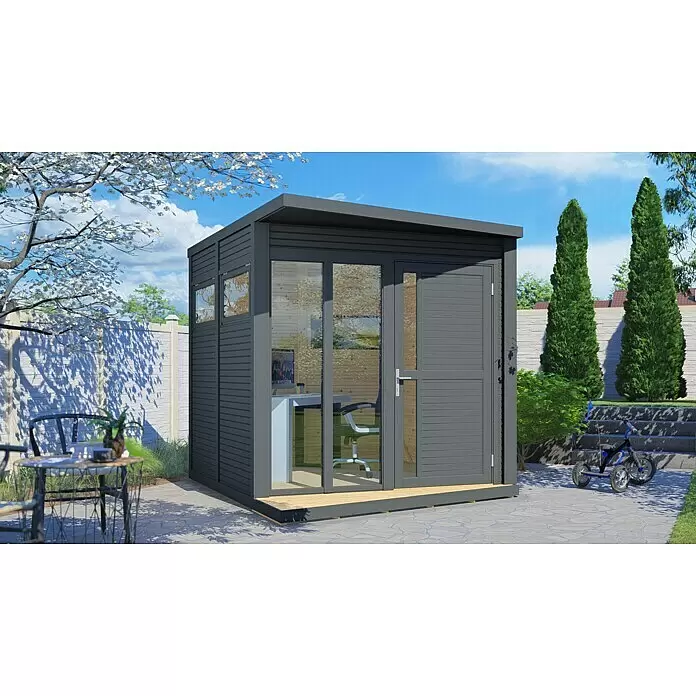 Bertilo Gartenhaus Concept Office - Außenmaß inkl. Dachüberstand (B x T): 237 x 310 cm, Holz, Anthrazit - Dunkelgraues Gartenbürohaus mit Glastüren und Fenstern, in einem sonnigen Garten als Arbeitsplatz genutzt, Schreibtisch und Stuhl innen sichtbar.