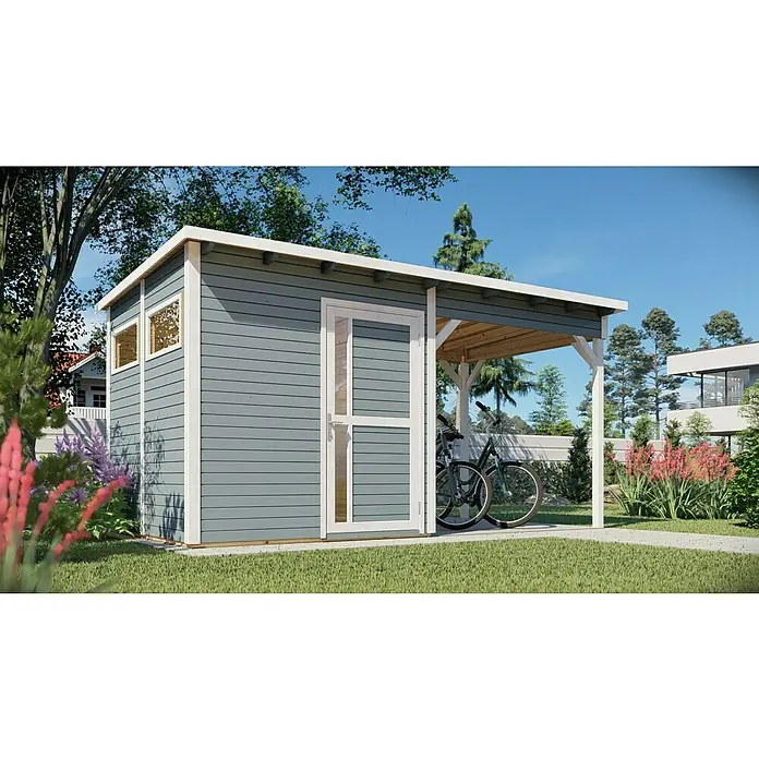 Bertilo Gerätehaus Pentus 2 Lounge - Außenmaß inkl. Dachüberstand (B x T): 470 x 265 cm, Holz, Hellgrau, Weiß - Eine blaue Gartenhütte mit weißem Rahmen und Überdachung, ideal zur Aufbewahrung und als Fahrradunterstand, inmitten einer grünen Gartenlandschaft.