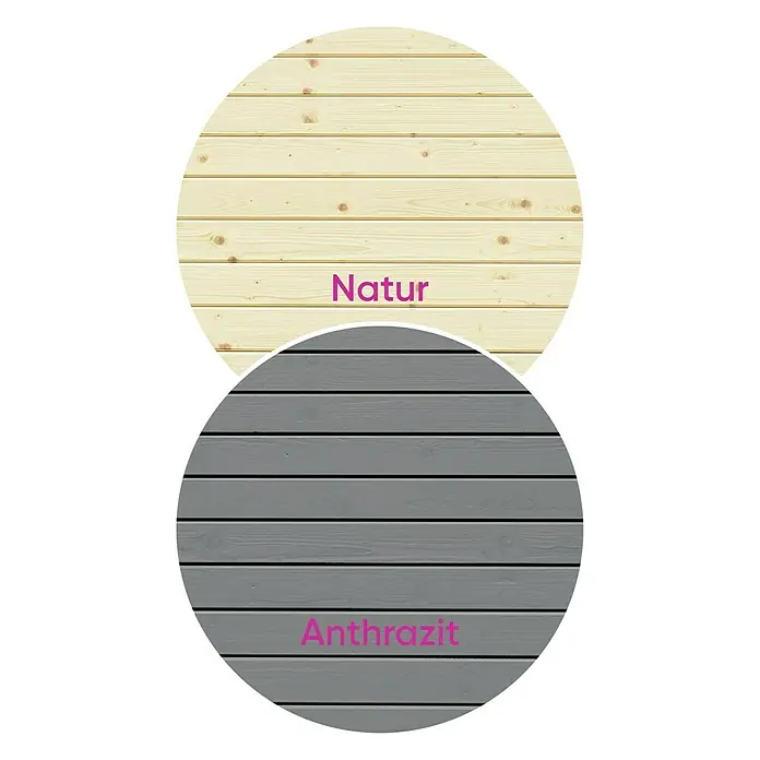 Bertilo Gartenhaus Concept Office - Außenmaß inkl. Dachüberstand (B x T): 237 x 310 cm, Holz, Anthrazit - Muster von Holzpaneelen in den Farben Natur und Anthrazit, präsentiert in zwei Kreisen. Diese Paneele sind ideal für stilvolle Wand- und Deckengestaltung.