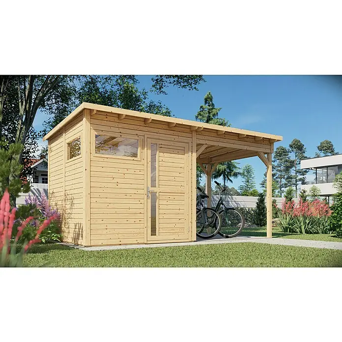 Bertilo Gerätehaus Pentus 2 Lounge - Außenmaß inkl. Dachüberstand (B x T): 470 x 265 cm, Holz, Natur - Ein helles Holzgartenhaus mit angebautem Carport und Fahrrädern. Eine ideale Lösung für zusätzlichen Stauraum im Freien.