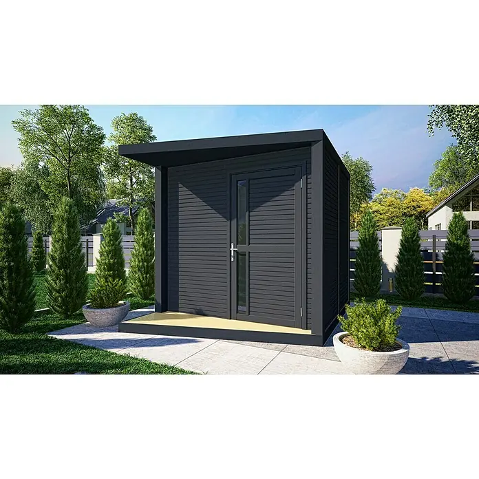 Bertilo Gerätehaus Concept Design - Außenmaß inkl. Dachüberstand (B x T): 237 x 310 cm, Holz, Anthrazit - Moderne Gartenlaube in dunklem Anthrazit mit Flachdach und integrierter Tür mit Fenster. Ideal für den Garten zur Aufbewahrung von Gartengeräten.