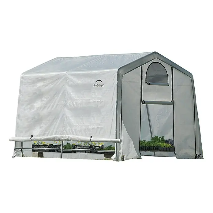 ShelterLogic Gewächshaus - Außenmaß inkl. Dachüberstand (B x T): 300 x 300 cm, Grau, Grundfläche: 9 m² - Aufnahme eines ShelterLogic Gewächshauses, ideal für Hobbygärtner, mit robuster Abdeckung und praktischer Türöffnung für einfachen Zugang.