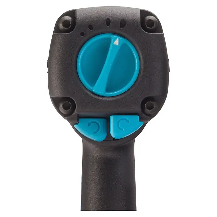 Hazet Druckluft-Schlagschrauber 9012EL-SPC - Antriebsgröße: ½″, Betriebsdruck: 6,3 bar - Nahaufnahme des Bedienelements eines Druckluftschraubers mit blauem Einstellknopf und Richtungstasten für präzise Steuerung.