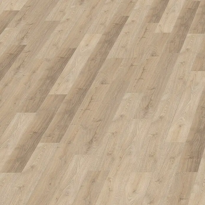 Decolife Vinylboden Comfort - Hardy Oak, Landhausdiele, 1.220 x 185 x 10,5 mm - Helles Laminat mit Holzmaserung, verlegt im Fischgrätmuster, das eine warme und einladende Atmosphäre schafft.