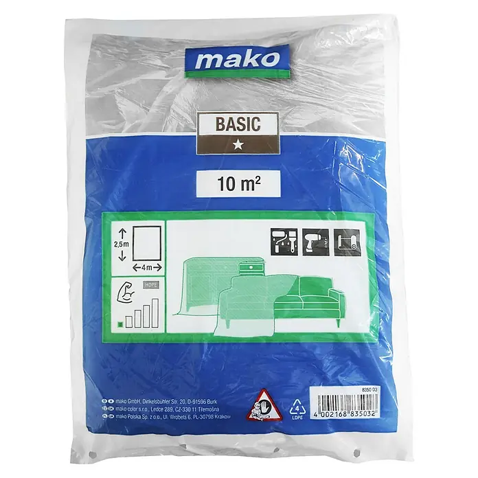 Mako Abdeckfolie Basic - L x B: 2,5 x 4 m, 10 m² - Mako Basic Abdeckplane, 10 m², zum Abdecken von Möbeln und Böden bei Malerarbeiten, schützt vor Farbe und Schmutz.