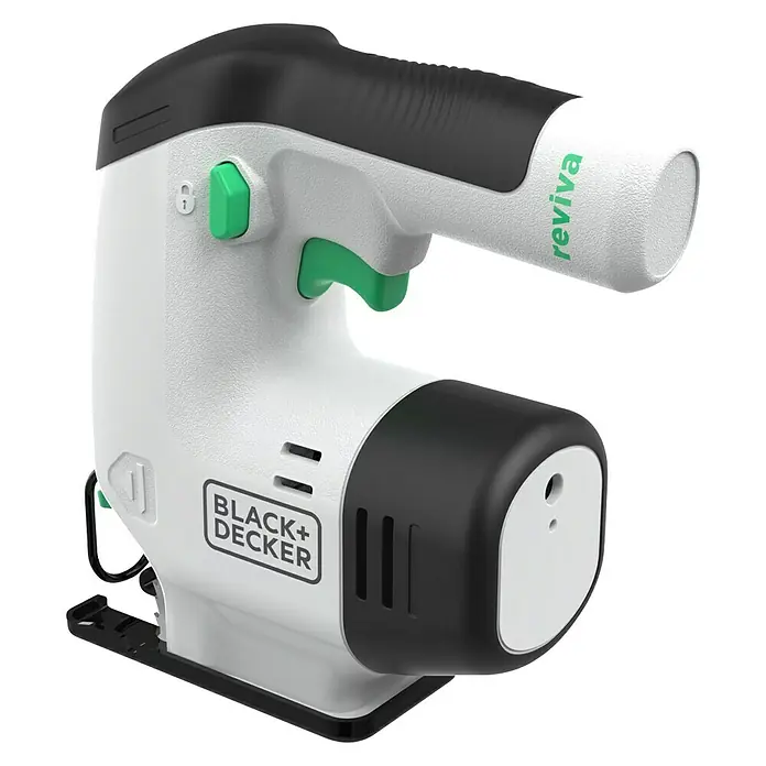 Black+Decker reviva Sierra de calar de batería - 12 V, 1 batería, 1,5 Ah - Primer plano de una sierra de calar BLACK+DECKER Reviva, diseñada para cortes precisos con su diseño elegante y empuñadura ergonómica.