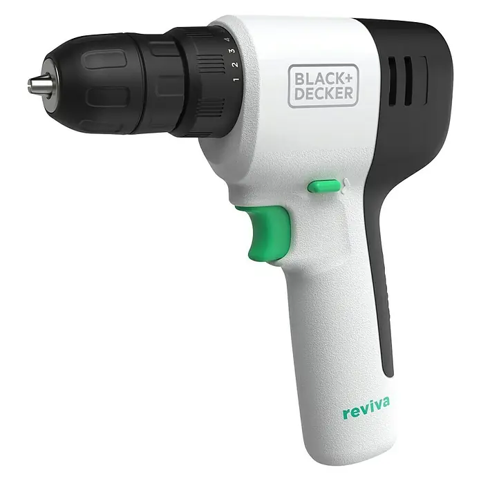 Black+Decker reviva Taladro atornillador de batería - 12 V, 1 batería, 1,5 Ah, 26 Nm - Primer plano de un taladro inalámbrico Black+Decker Reviva con gatillo verde, cuerpo blanco y detalles en negro.