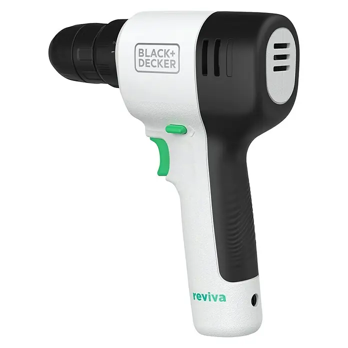 Black+Decker reviva Taladro atornillador de batería - 12 V, 1 batería, 1,5 Ah, 26 Nm - Primer plano de un taladro inalámbrico blanco y negro Black+Decker Reviva con batería. El taladro tiene un gatillo verde.