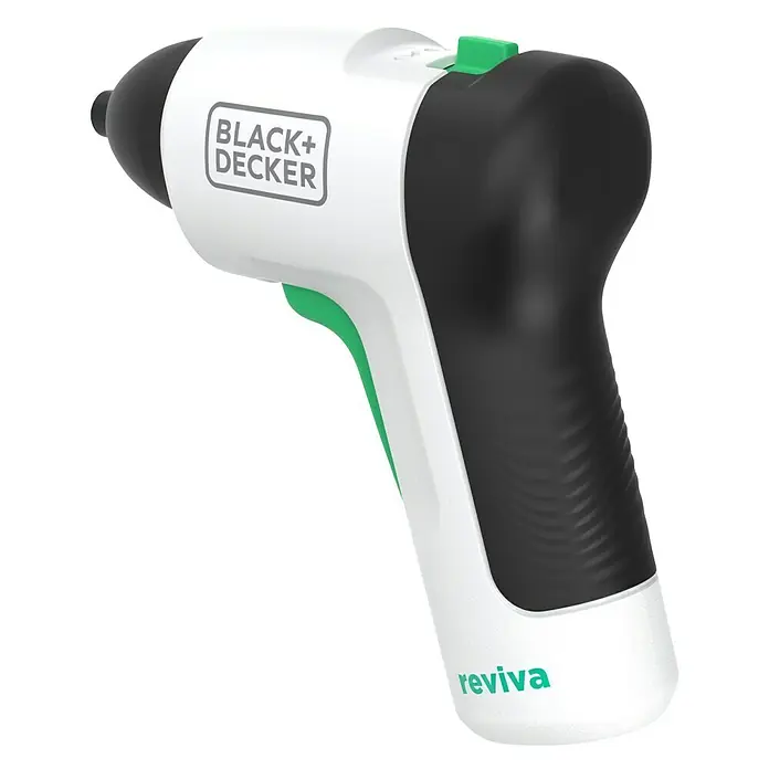 Black+Decker reviva Atornillador de batería - 3,6 V, 1 batería, 1,5 Ah, 5,5 Nm - Primer plano de un atornillador inalámbrico Black+Decker reviva en blanco y negro con detalles verdes.