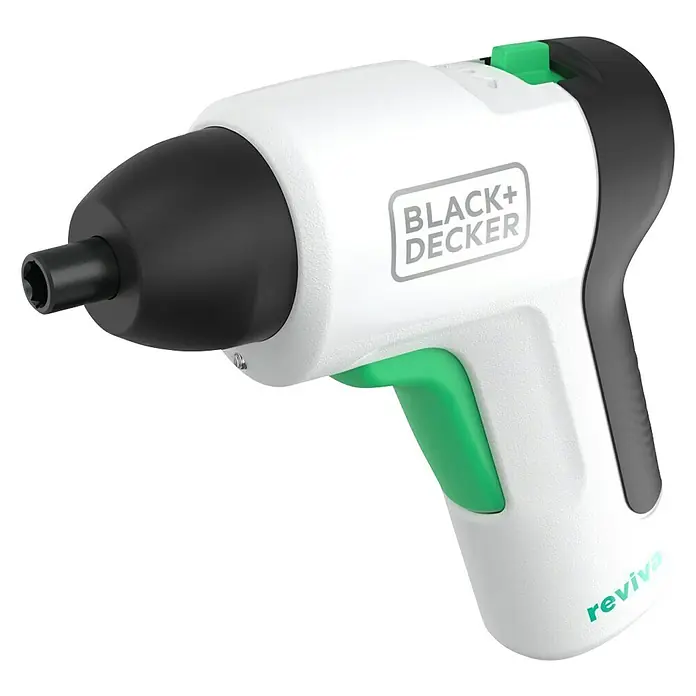 Black+Decker reviva Atornillador de batería - 3,6 V, 1 batería, 1,5 Ah, 5,5 Nm - Imagen de un taladro blanco BLACK+DECKER Reviva con detalles en negro y verde.