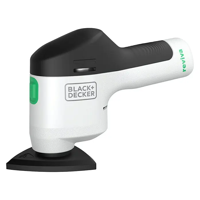 Black+Decker reviva Lijadora delta de batería - 12 V, 1,5 Ah, 11.000 r.p.m. - La imagen muestra una vista detallada de la multi lijadora inalámbrica BLACK+DECKER Reviva, una herramienta práctica para tareas de lijado.