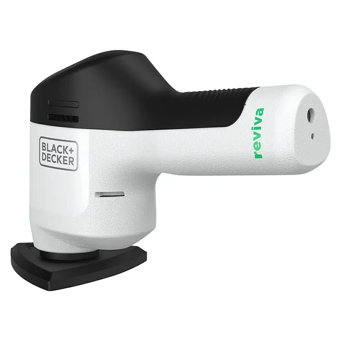 Black+Decker reviva Lijadora delta de batería - 12 V, 1,5 Ah, 11.000 r.p.m. - Primer plano de una lijadora eléctrica Black+Decker Reviva con cuerpo blanco y negro sobre fondo negro.