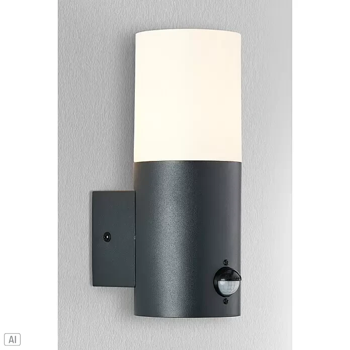 Brilliant Sensor-Außenleuchte - 28 W, 13 x 9 x 23,2 cm, Anthrazit, IP44 - Anthrazitfarbene zylindrische Außenwandleuchte mit weißem Diffusor und integriertem Bewegungssensor.