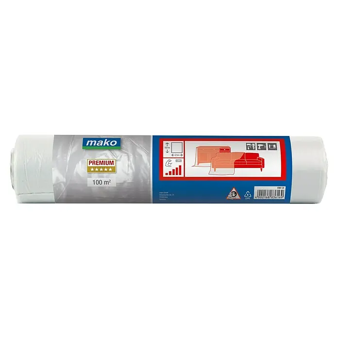 Mako Abdeckfolie Premium - L x B: 50 x 2 m, 100 m² - Rolle Mako Premium Abdeckfolie, 100 m², ideal zum Abdecken und Schützen von Möbeln und Oberflächen bei Renovierungsarbeiten.