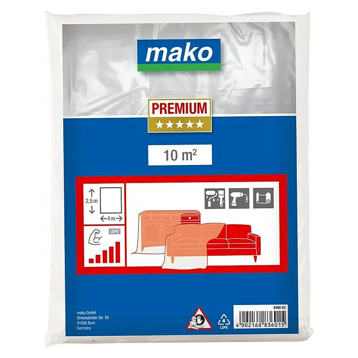 Mako Abdeckfolie Premium - L x B: 2,5 x 4 m, 10 m² - Mako Premium Abdeckplane, 10 m², ideal zum Schutz von Möbeln und Böden bei Renovierungsarbeiten. Praktisch und zuverlässig.