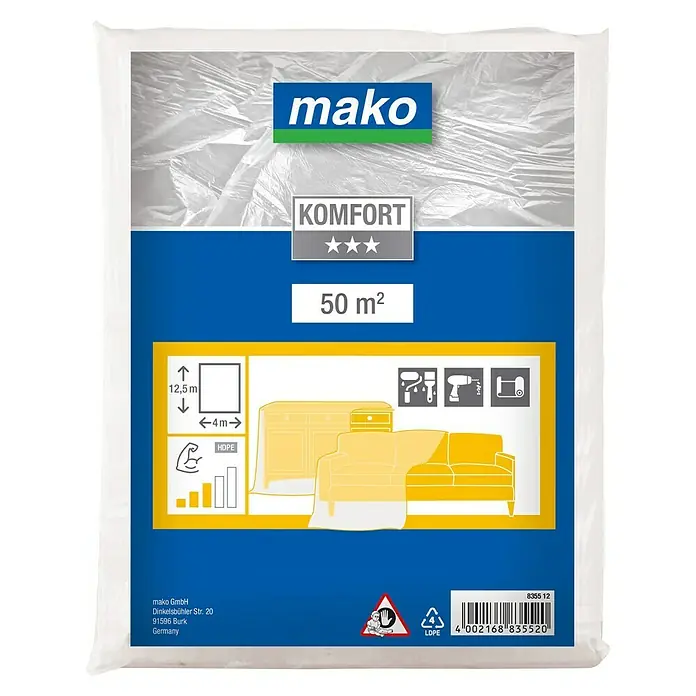 Mako Abdeckfolie Komfort - L x B: 12,5 x 4 m, 50 m² - Bild einer 50 m² großen mako Komfort Abdeckplane zum Schutz von Möbeln und Böden bei Renovierungsarbeiten.