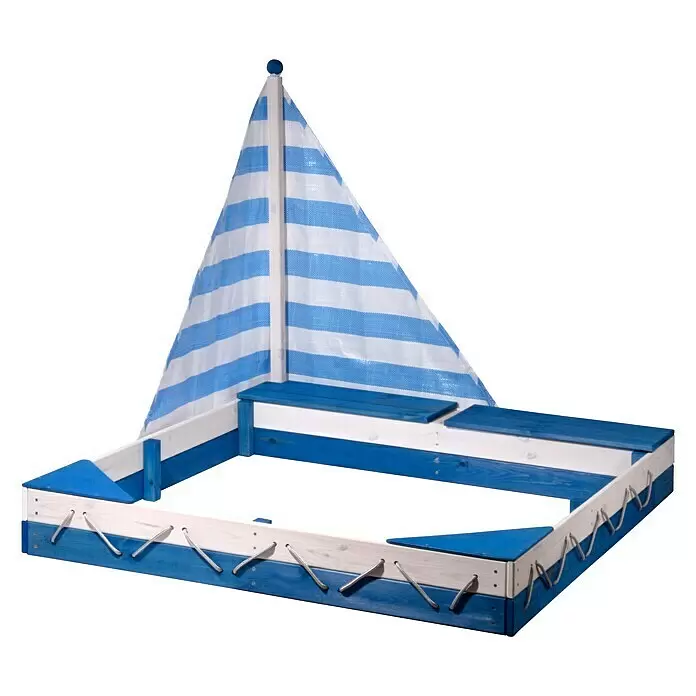 Dobar Sandkasten Maritim - 140 x 120 x 117 cm, Holz, Blau/Weiß - Blau-weißer Holz-Boots-Sandkasten mit gestreiftem Segel.