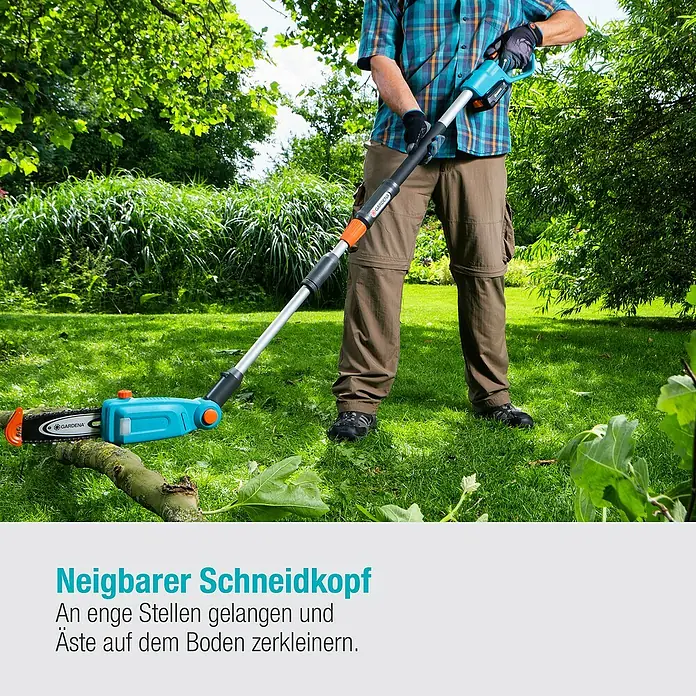 Gardena Power for All 18V Akku-Hochentaster - 18 V, Ohne Akku, Schwertlänge: 20 cm - Mann benutzt GARDENA Akku-Hochentaster TCS 20/18V P4A zum Schneiden eines Astes.