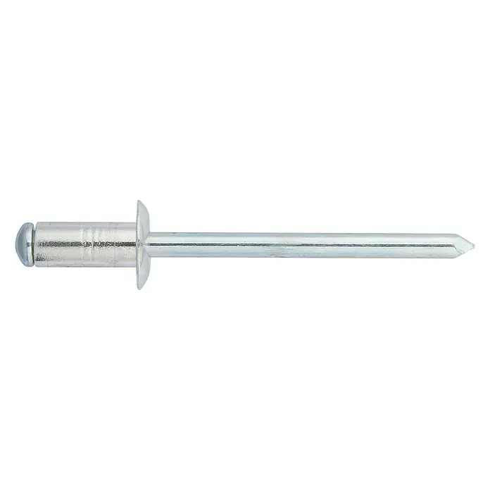 Remache bola - Diámetro de remache: 4 mm, Longitud de remache: 35 mm, 250 ud. - Primer plano de un remache ciego plateado utilizado para fijaciones. El componente está aislado sobre un fondo negro.