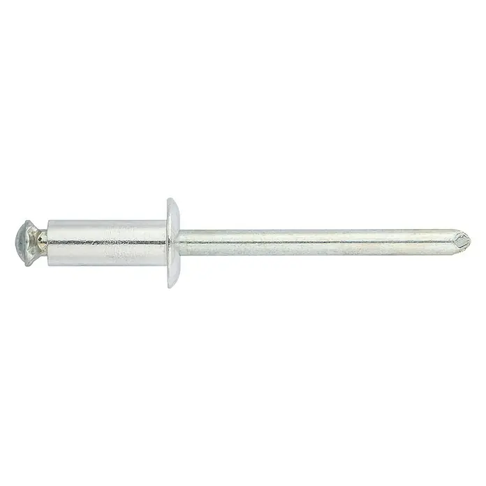 Remache flor - Diámetro de remache: 4,8 mm, Longitud de remache: 45 mm, 150 ud. - Primer plano de un remache ciego plateado con vástago, cabeza y mandril sobre un fondo negro, ideal para sujetar y unir materiales.
