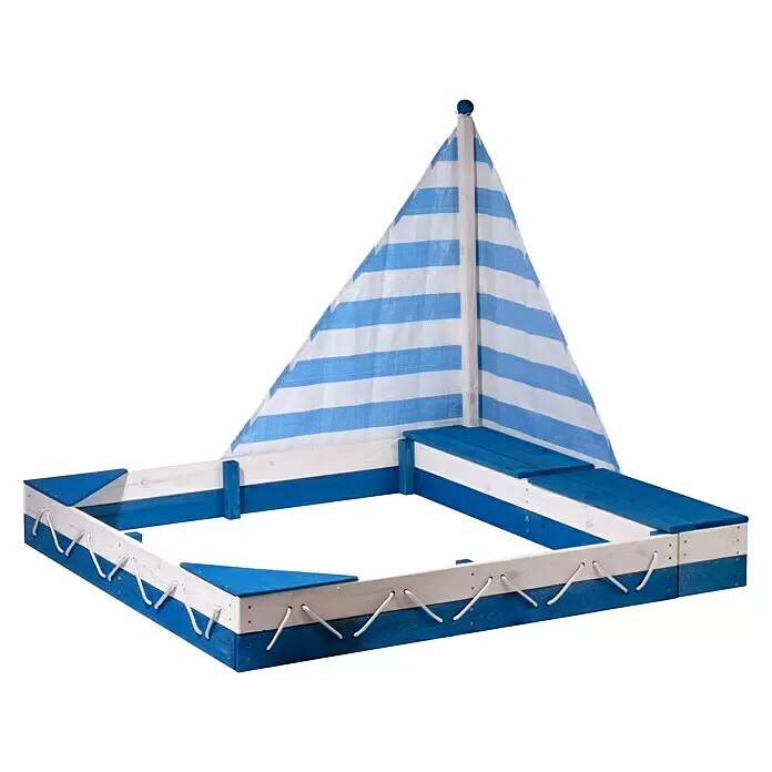 Dobar Sandkasten Maritim - 140 x 120 x 117 cm, Holz, Blau/Weiß - Blau-weißes Sandkasten-Boot aus Holz mit gestreiftem Segel.