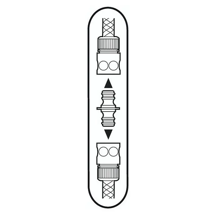 Gardena Schlauchkupplung - ½″ - Illustration eines Schlauchverbinders, der zwei Schläuche mit zwei Endstücken und Pfeilen für die Verbindungsrichtung verbindet.