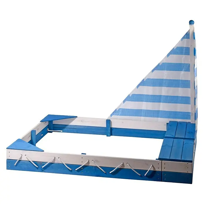 Dobar Sandkasten Maritim - 140 x 120 x 117 cm, Holz, Blau/Weiß - Bild eines blauen und weißen Holzsandkastens in Form eines Segelschiffs mit Segel, ideal für Kinderspielplätze.