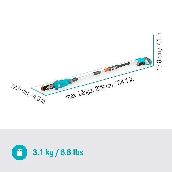 Gardena Power for All 18V Akku-Hochentaster - 18 V, Ohne Akku, Schwertlänge: 20 cm - Abbildung einer GARDENA Akku-Hochentaster mit Maßangaben zu Länge, Gewicht und Abmessungen.