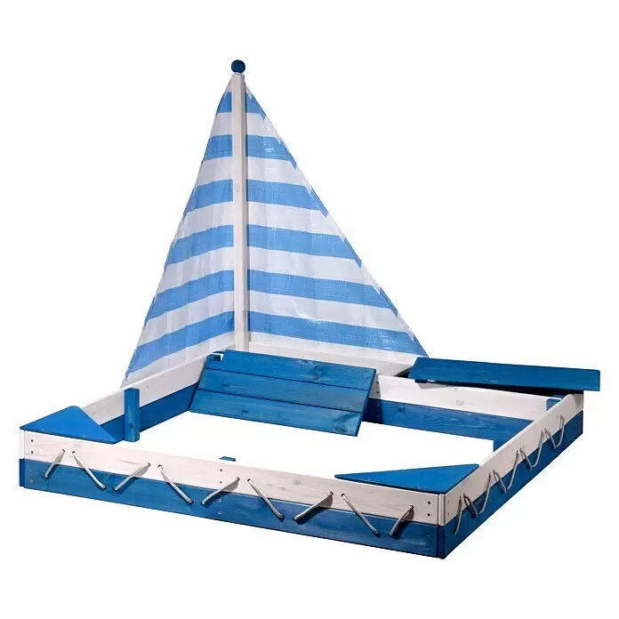 Dobar Sandkasten Maritim - 140 x 120 x 117 cm, Holz, Blau/Weiß - Blau-weißes Sandkasten-Boot aus Holz mit gestreiftem Stoffsegel für Kinder zum Spielen im Freien.
