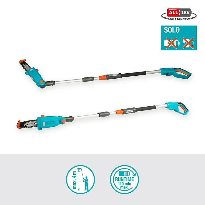 Gardena Power for All 18V Akku-Hochentaster - 18 V, Ohne Akku, Schwertlänge: 20 cm - Die GARDENA Akku-Hochentaster HSA 18V P4A im Bild. Kabellose Freiheit beim Baumschnitt mit langer Akkulaufzeit und hoher Reichweite.