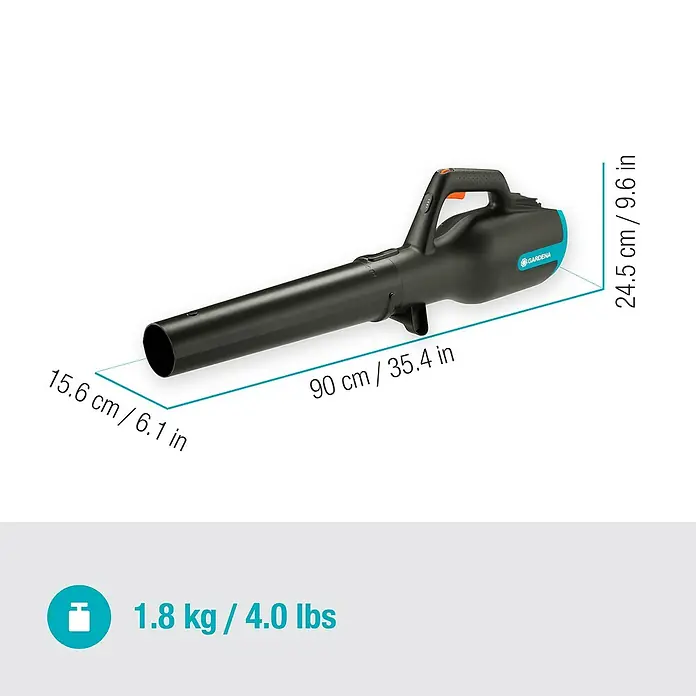 Gardena Power for All 18V Akku-Laubbläser - 18 V, Li-Ionen, Ohne Akku, Blasgeschwindigkeit: 100 km/h - Abbildung eines GARDENA Akku-Blasgeräts mit Maßangaben zu Länge, Breite und Gewicht zur Veranschaulichung der Produktdimensionen.